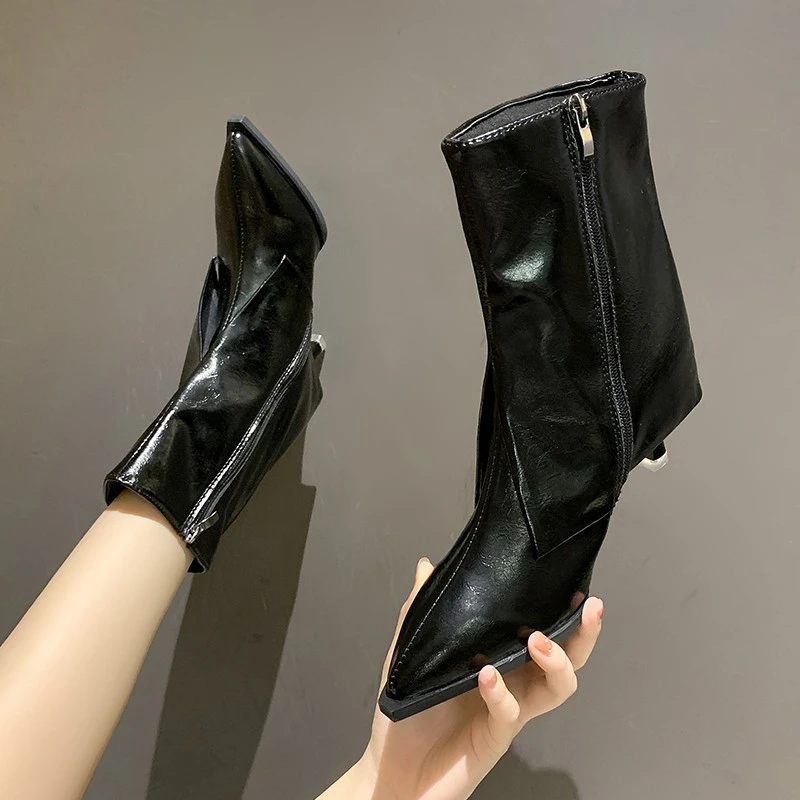

Rimocy Vintage Pointed Toe Thin Heels Ankle Boots Women Pu Leather Platform Western Boots Woman White Side Zipper Botas Mujer