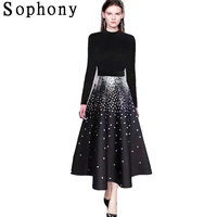 elegant ladies suit womens o neck long sleeve knit tops printed polka dot ball gown a line skirts ol two piece set s69518