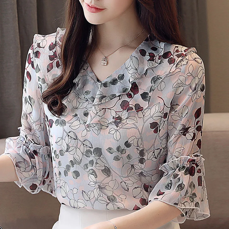 

Blusas Mujer De Moda 2021 Blouse Women Summer Short Sleeve Blouse Shirt Ruffles V-neck Print Chiffon Blouse Women Shirts D157