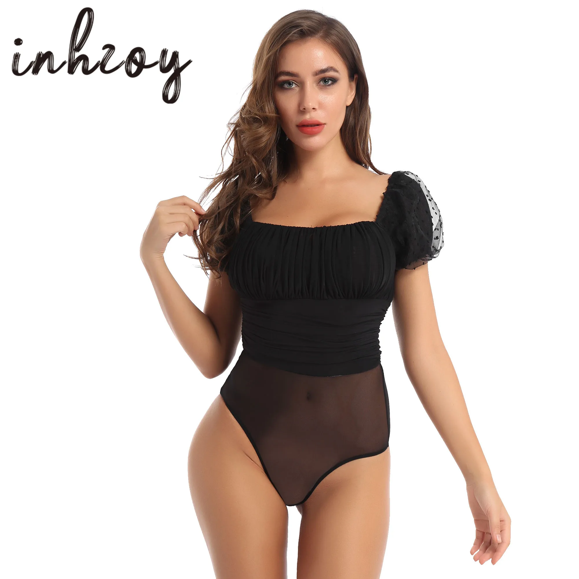 

Sexy Womens Lingerie Elegant Square Neck Puff Sleeves Ruched Jumpsuit Zipper Crotch Mesh Bodycon Bodysuit Leotard Blouse Tops
