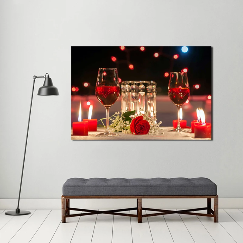 Вино чашка с розами бутылка в форме свечи художественный холст плакат картина