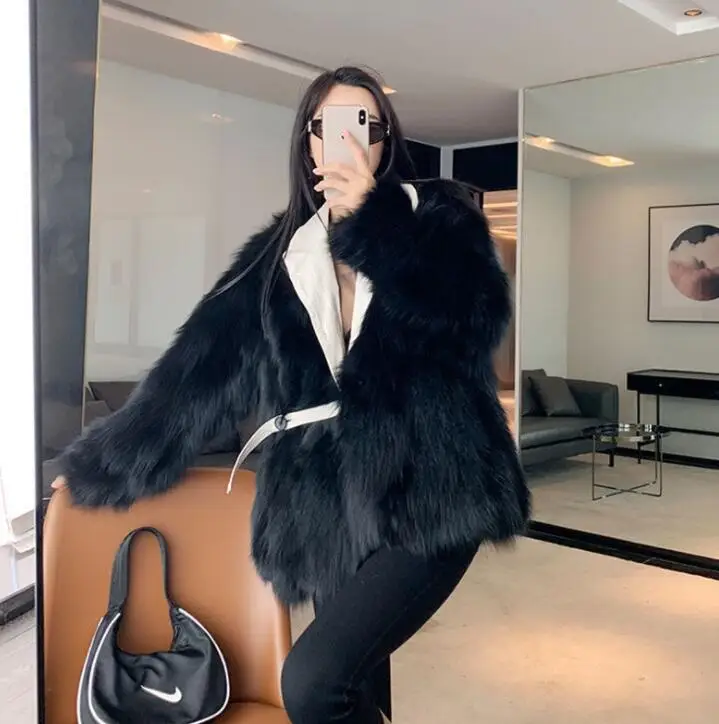 Suit collar fur leather coats womens warm black loose faux mink fur leather jackets women autumn clothes winter thicken fashion