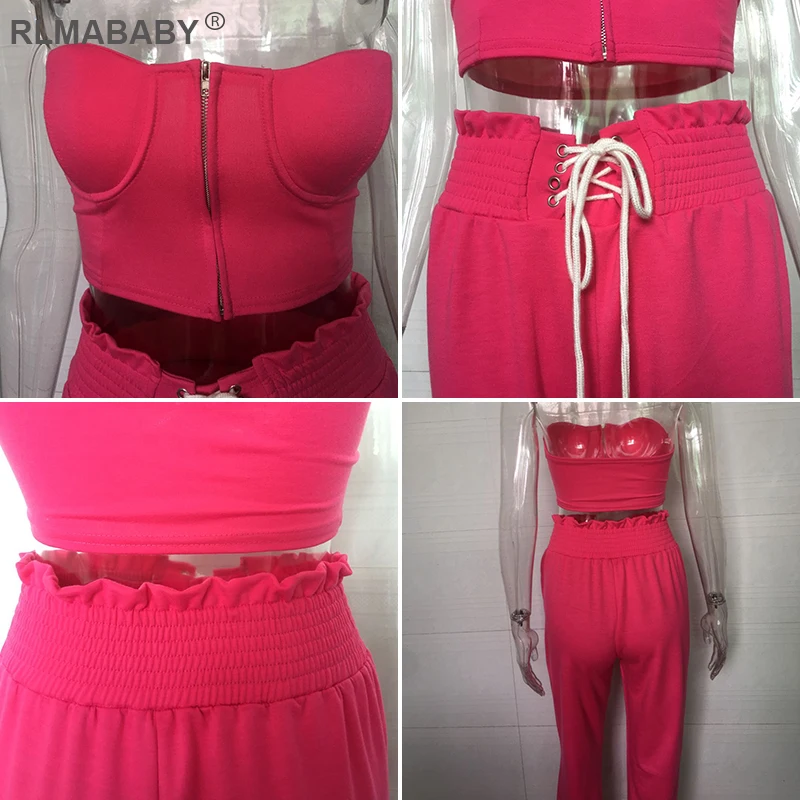 

2 Piece Set Women Casual Tracksuit Strapless Zipper Crop Top High Waist Pants Sexy Set Suit Two Piece Set Sport Wear Suit Set