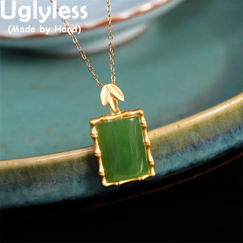 

Uglyless Natural Gemstones Jasper Necklaces for Women Gold Bamboo Pendants 925 Silver Ethnic Hotan Green Jade Jewelry + Chains