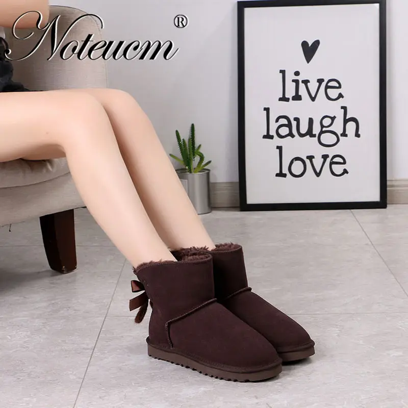 A07W02 Coffee color Уги женские зима валенки зимние Женские ботильоны из натуральной кожи в австралийском стиле; зимние высокие женские ботинки с искусственным мехом и бантом сзади; милые ботинки на плоской подошве для женщин и девушек - Цвет: A07W02 Coffee color