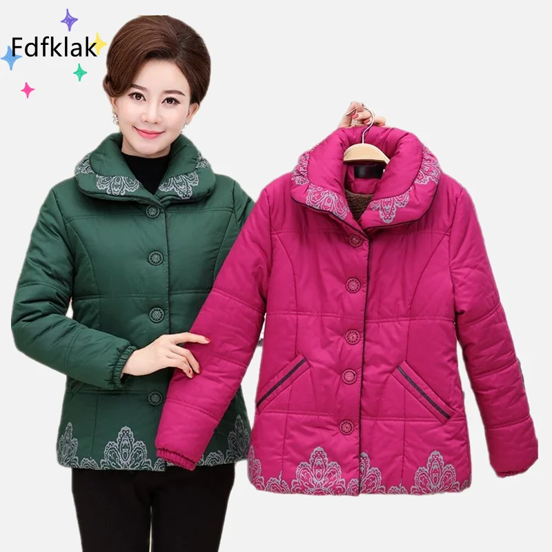 Fdfklak Middle-Aged Elderly Clothes Mother Gift Plus Velvet Warm Cotton-Padded Jacket Button 5XL Large Size Russian Winter Coats