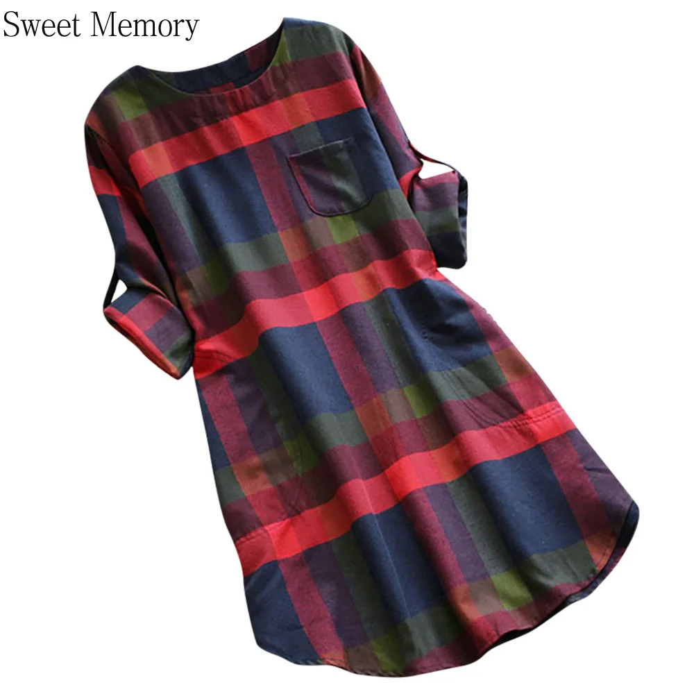 

F232 Wholesale Spring Summer Long Sleeve Loose Robe Plaid Shirt Dresses 2021 Plus Size Dress Women's Vestidos Sweet Memory