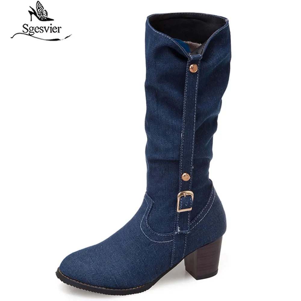 Женские сапоги до середины икры sgesвье зимняя обувь на высоком квадратном каблуке