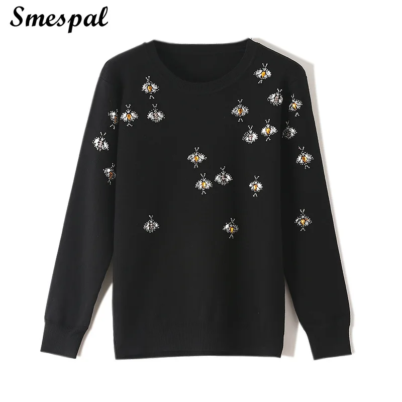 Зимний женский свитер шикарные вязаные пуловеры с маленькими пчелами Стразы -