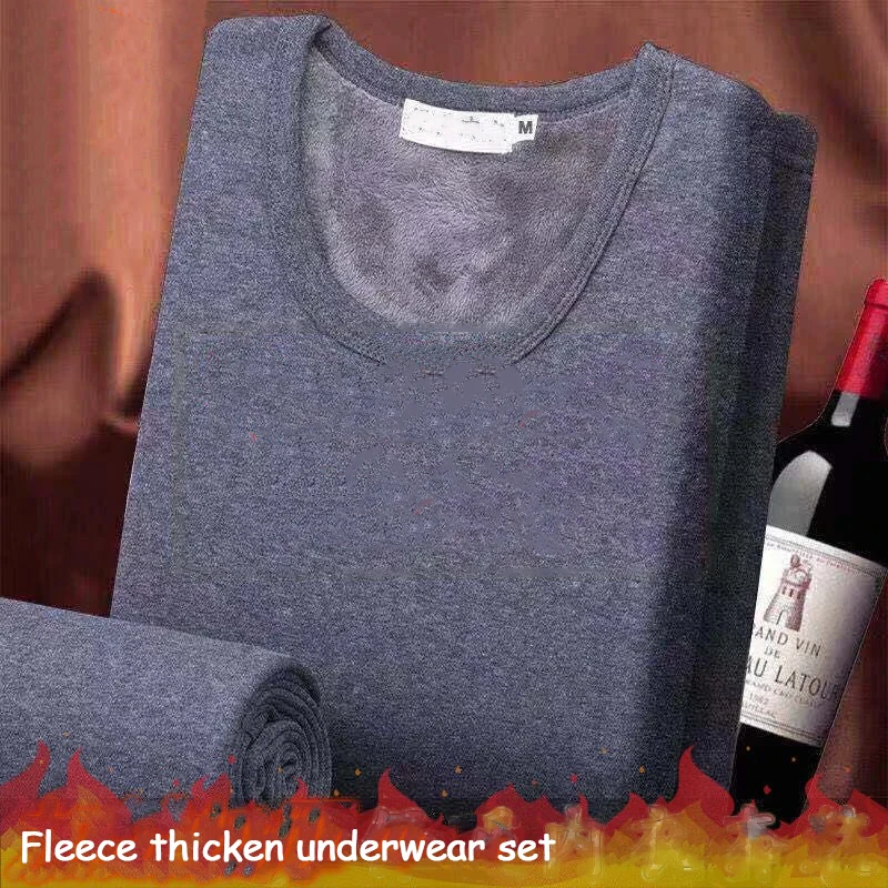 

4XL Thermal Underwear Sets Men Fleece Thick Long Johns Suit Winter Clothes Thermo O Neck Velvet Warm Pajamas Sleepwear Black