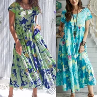 woman dress summer bohemian blue tie dye print dress loose casual round neck large wing stitching beach long dresses plus size