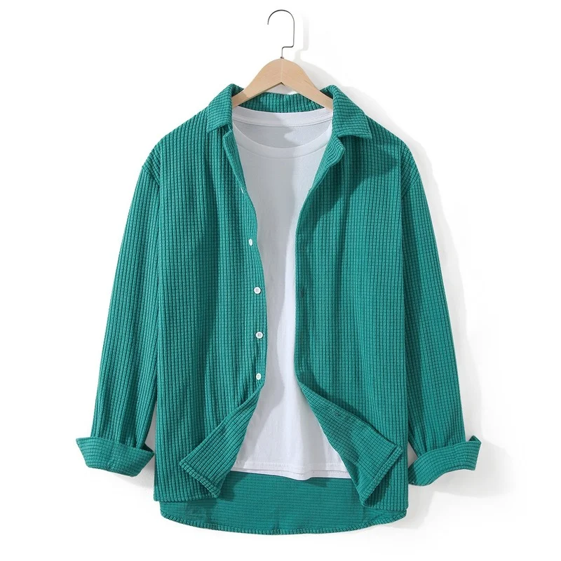 

Men Clothing 2021 Autumn Solid Loose Corduroy Breathable Long-sleeved Casual Shirts Fashion Lapel Plus Size Camisas Para Hombre