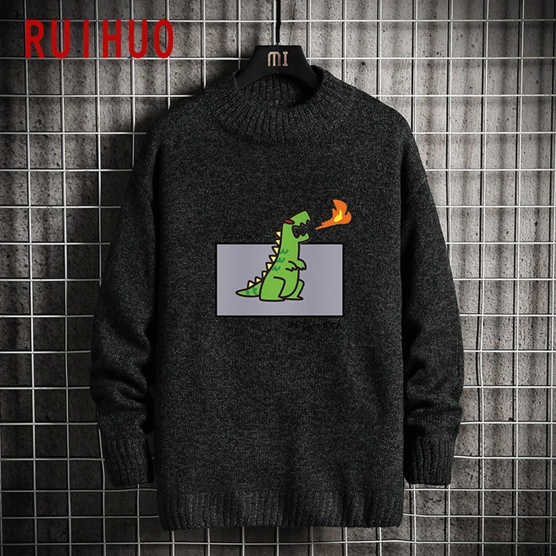 

RUIHUO 2021 O-Neck Cartoon Dinosaur Sweater For Men Coat Knit Man Sweater Clothes Korean Men's Knitted Sweater M-5XL