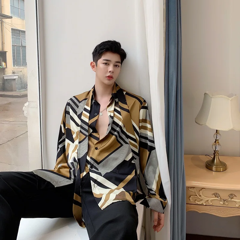 Рубашка мужская с длинным рукавом повседневная винтажным принтом