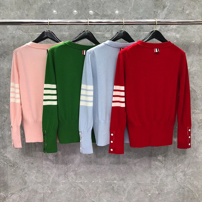 

Fashion TB 2021 Thom Brand Sweaters Women Slim Fit V-Neck Cardigan Clothing Striped Wool Cashmere Autumn Winter Casual Coat