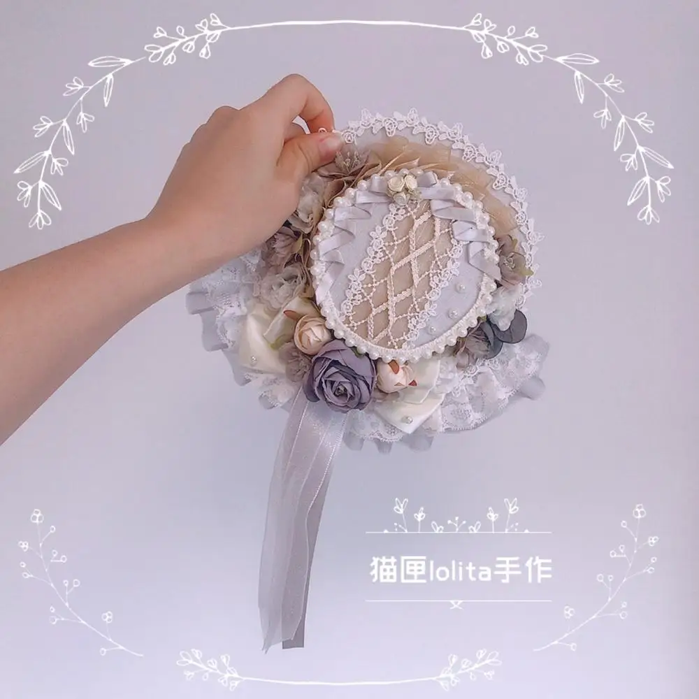 

Palace Style lolita Gorgeous Handmade Elegant KC Lace Pearl Flower Flat Small Top hat Headwear Props Tea Party Party Cosplay