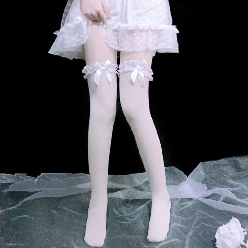 

Lolita Bud Silk Bowknot White Woman Socks Sexy Lace JK Ultra Thin Breathable Knee Highs For Female Stockings Tights Pantyhose