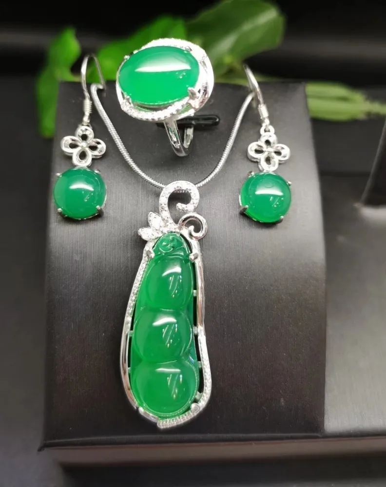 

LETSFUN 3pcs 925 Sterling Silver Natural Lucky Pod Green Jade Gemstone Pendant Necklace Earrings Ring Women Jewelry Set