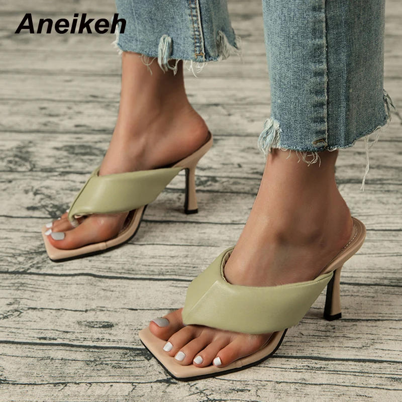 

Aneikeh Women Shoes High Heels Fashion PU Classics 2021 NEW Summer FLIP FLOPS Slippers Concise Shallow Solid Outside Rome White