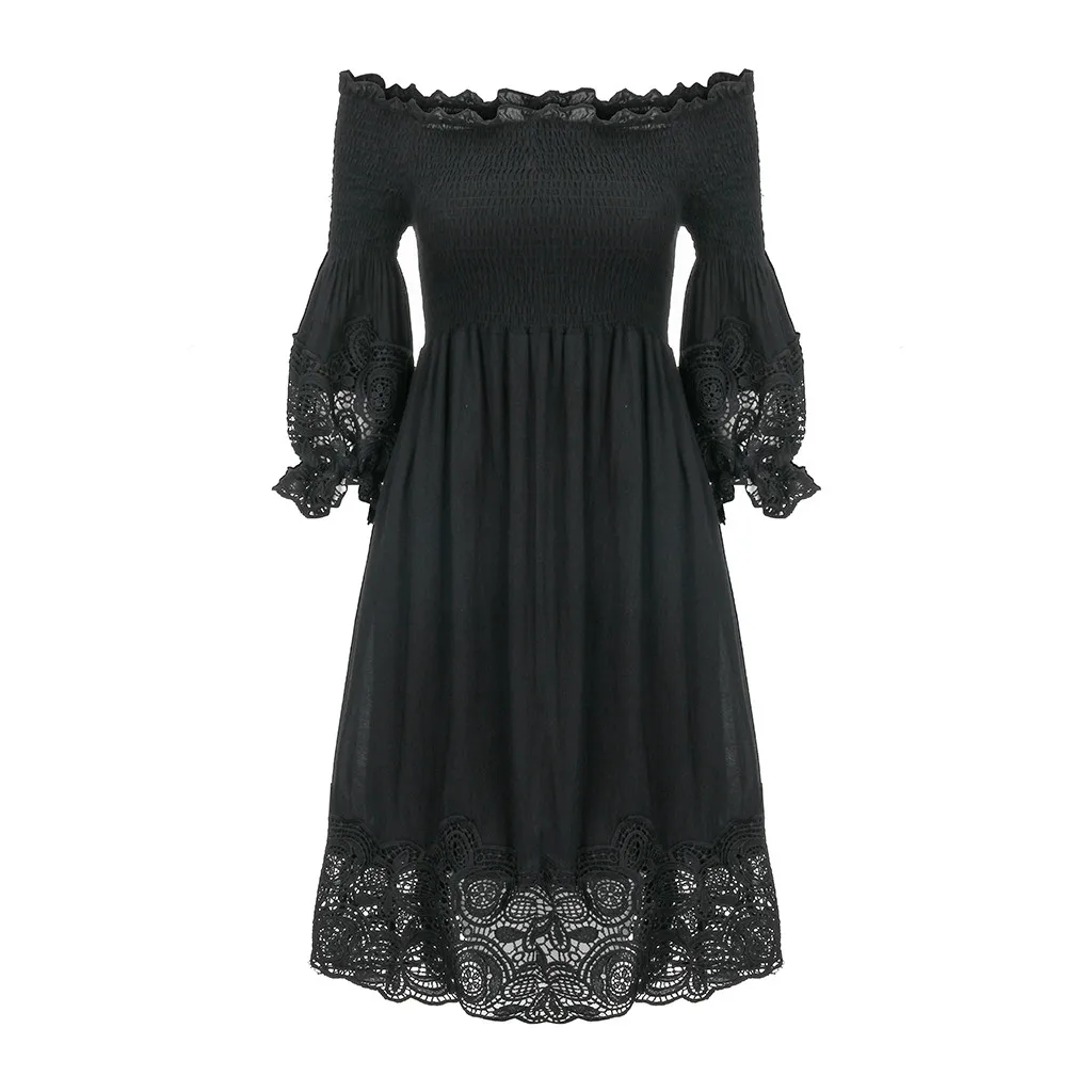 

Dresses For Women Fashion Casual Ruffles Floral Lace Off Shoulder Solid Flare Sleeve Dress Female Loose Party Dress#35