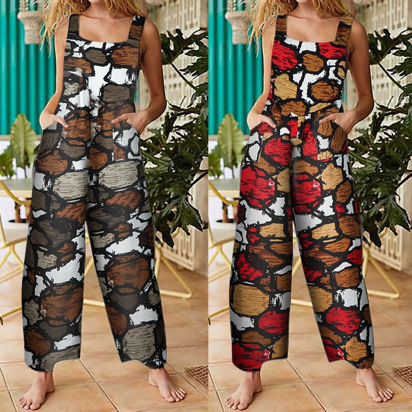 

Женский Повседневный комбинезон без рукавов с геометрическим принтом, комбинезон с карманами, Летний комбинезон с широкими штанинами, комб...