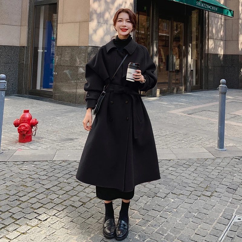 

Long Woolen Coat Female Winter 2021 New Thick Loose Simplicity Double-breasted Straight Solid Color High-quality Lining Coat QD1