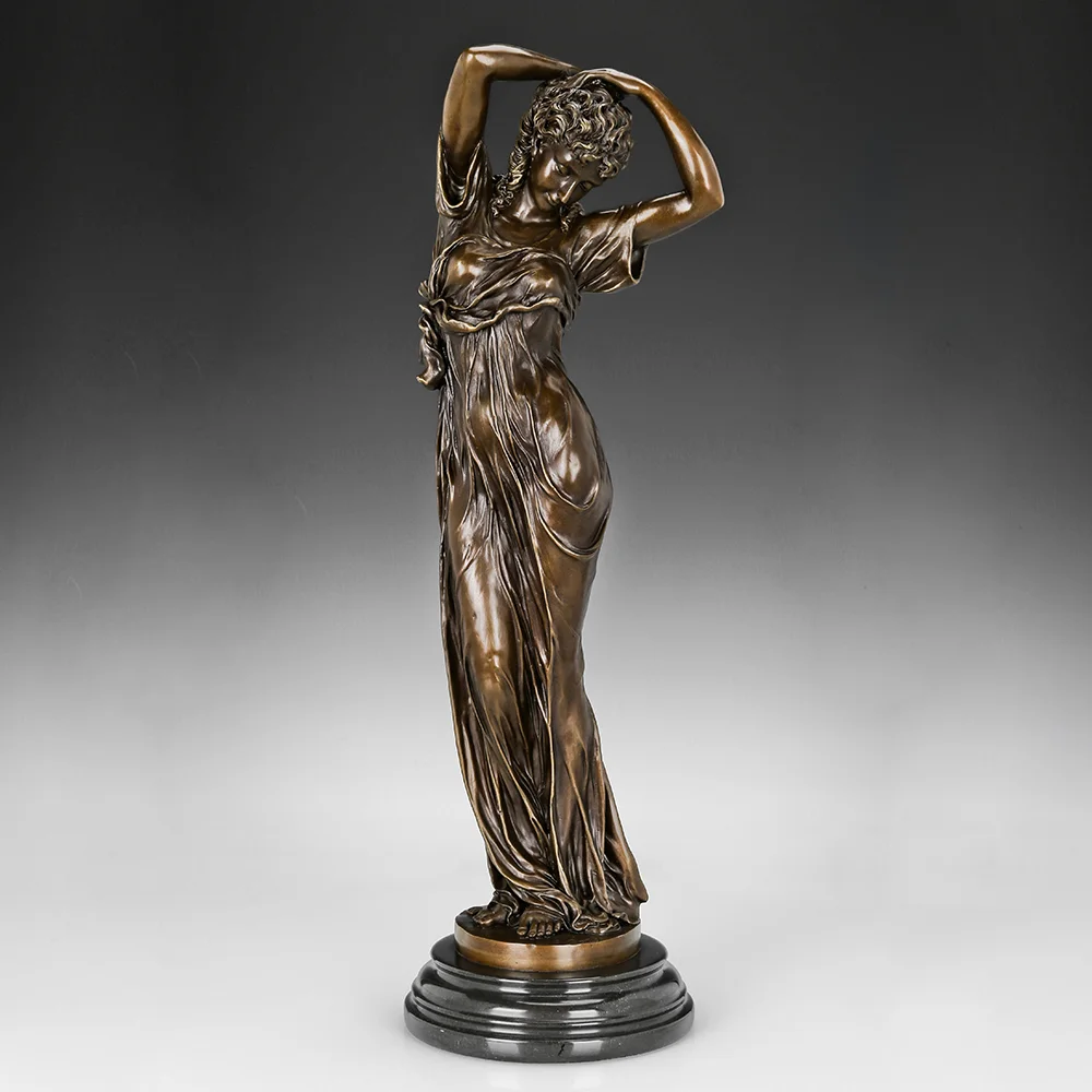 

Large Tying Hair up Young Woman Statue Sculpture Bronze Beautiful Female Art Marle Base Home Decor Gifts