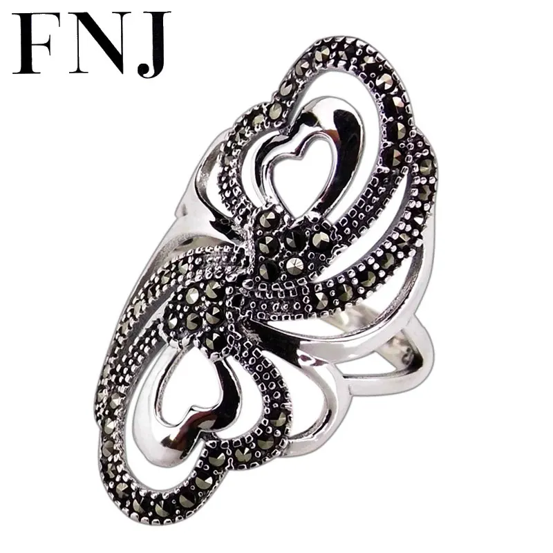 

FNJ 925 Silver Ring MARCASITE Flower New Fashion Original S925 Sterling Silver Rings for Women Jewelry Adjustable Size