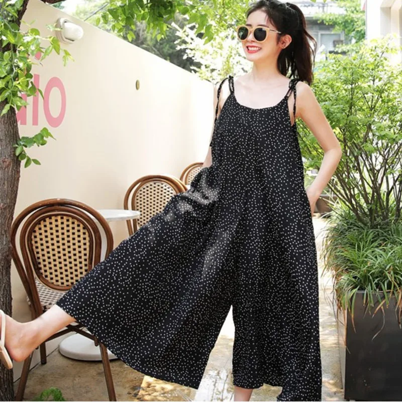 LANMREM/широкие брюки в черный горошек без рукавов на бретельках Свободные женские