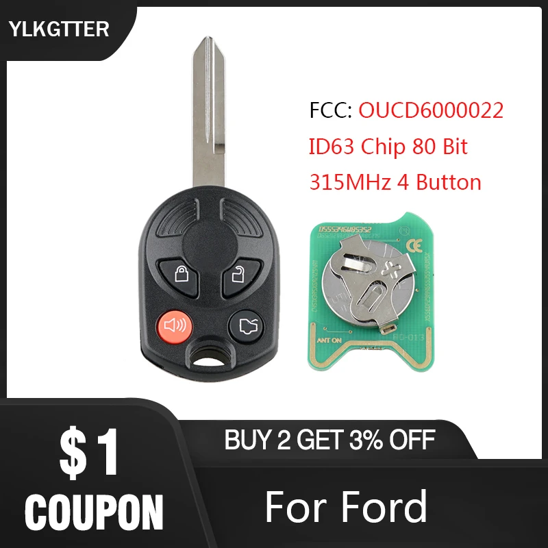 YLKGTTER 315 МГц 4 кнопки для Ford Edge Escape Focus Lincoln Mazda Mercury OUCD6000022 с чипом ID63 80 бит|Ключ от