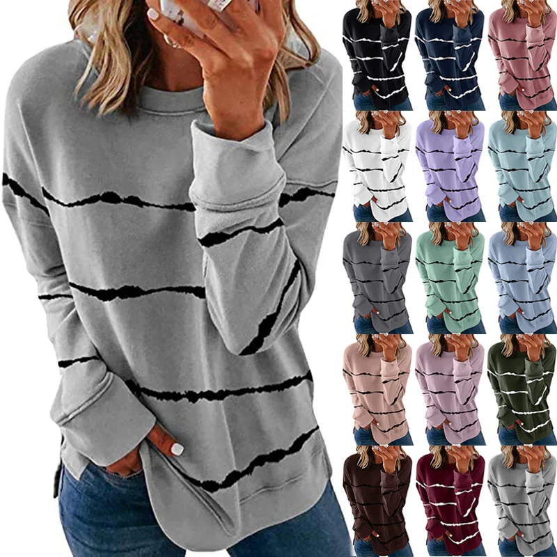 

Spring Autumn Women Cotton Hoodie Sweatshirt Print Striped O-neck Loose Long Sleeve Hoody Female Sweatshirts Pullovers oversize