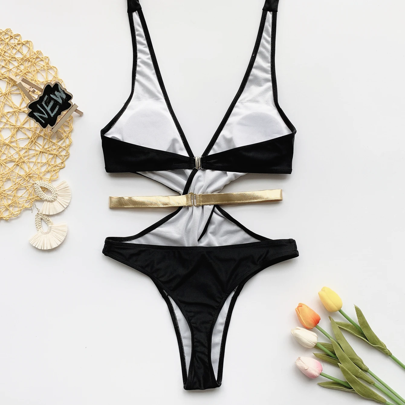 

2021 Sexy Black&Gold Belt Bikinis Swimwear Women Solid Color Halter Bathing Suit High-Waist Beach Brazilian