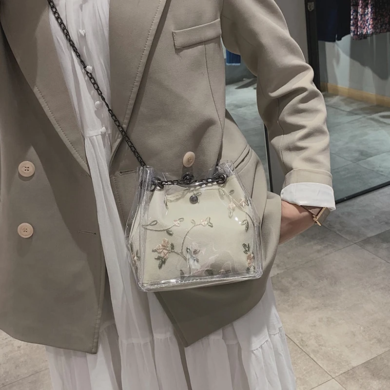 Embroidered Bucket Women Transparent Bag Clear Shoulder Female Chain Crossbody Messenger Bags 2020 Luxury Handbag | Багаж и сумки