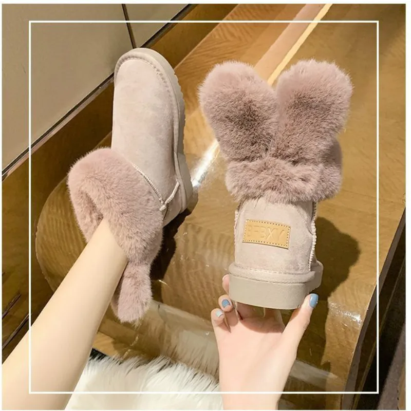 Fashion The New Snow Boots Women Winter Flock Ankle Rabbit ears Slip-On Round Toe Low (1cm-3cm) Flat With Plush Solid Keep Warm