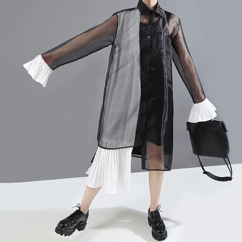 Модное черно белое асимметричное платье с цветным блоком весеннее корейское