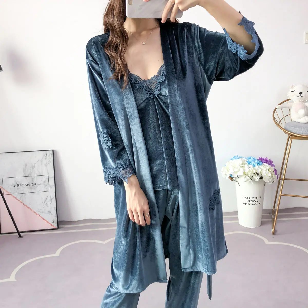 Женские привлекательные пижамные комплекты на весну и осень кружевное ночное