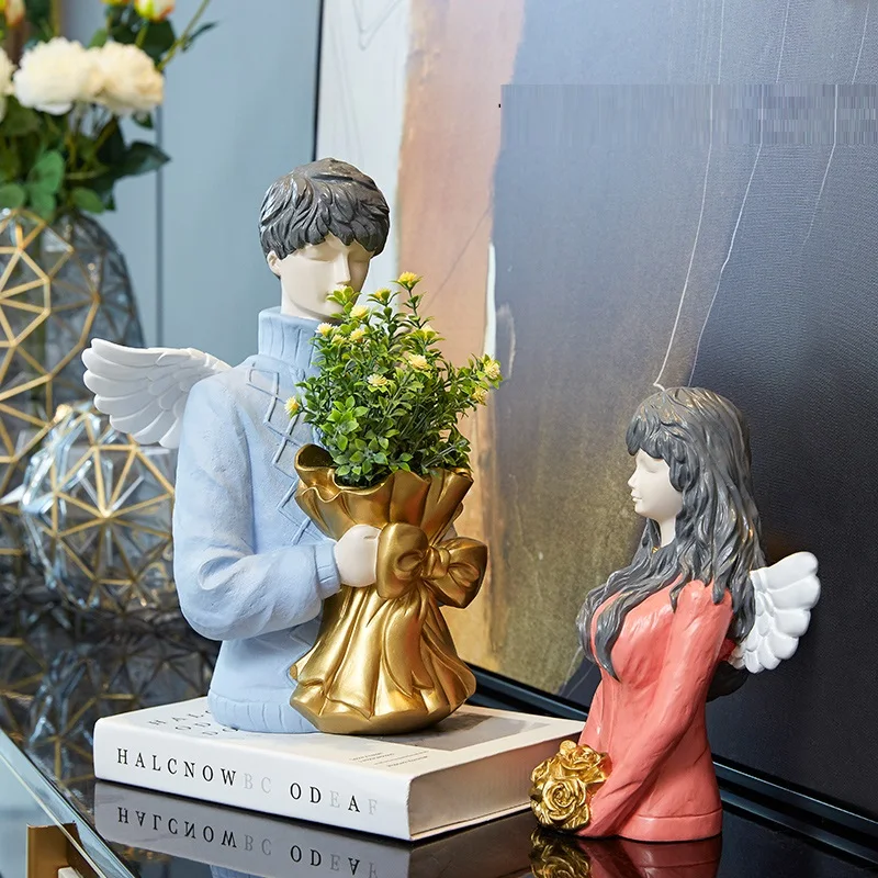 

Simple Modern Romantic Angel Couples FigurineArt Girl And Boy Flower Vase Resin Crafts Home Decoration Wedding Gift R4240