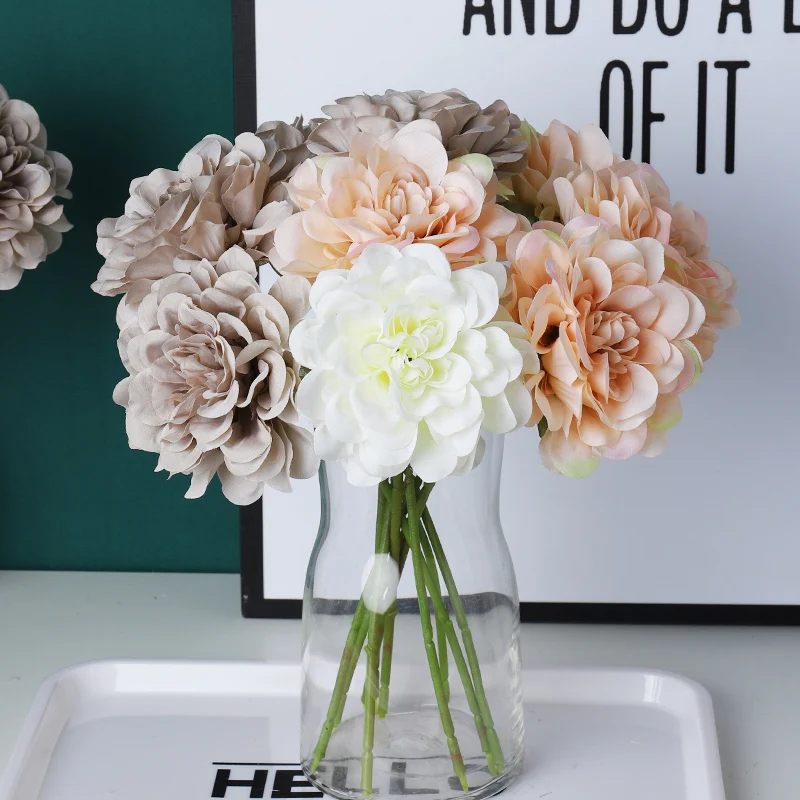 

5pcs Beautiful Artificial Peony Flowers Silk Dahlia Bouquet Autumn Decoration for Home Wedding Hydrangea Fake Flower Table Decor
