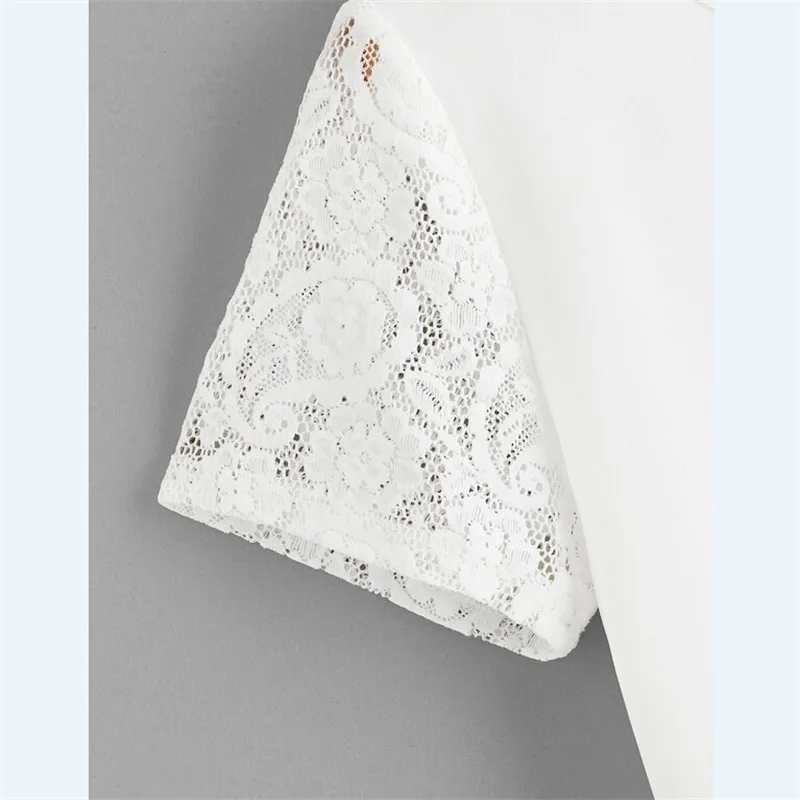 

Fashion Style Women's Ladies Summer Short Sleeve White Solid Lace Hollow Out Loose Casual Top T-Shirt