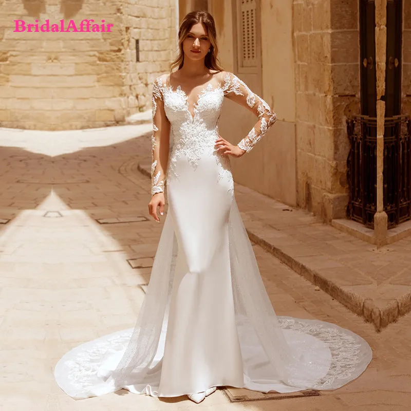 

Блестящие Свадебные платья BridalAffair в стиле бохо, Русалка, круглый вырез, кружевные, длинные рукава, стрейчевый шифон, белый цвет