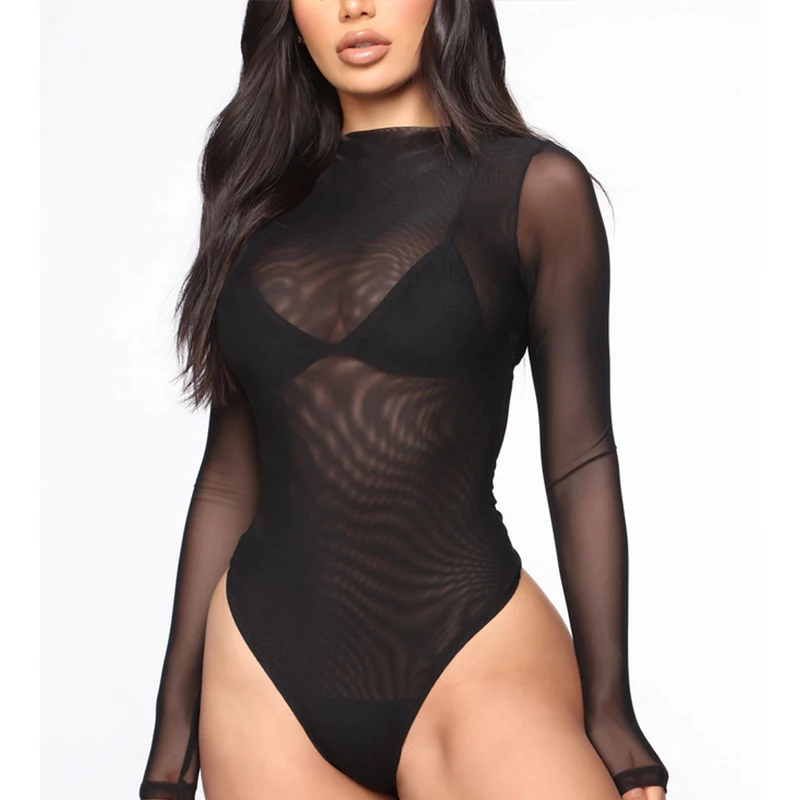 2019 New Women Long Sleeve Bodysuit SeeThrough Bodycon Jumpsuit Romper Leotard Top Blouse solid color ladies sexy bodysuit | Женская