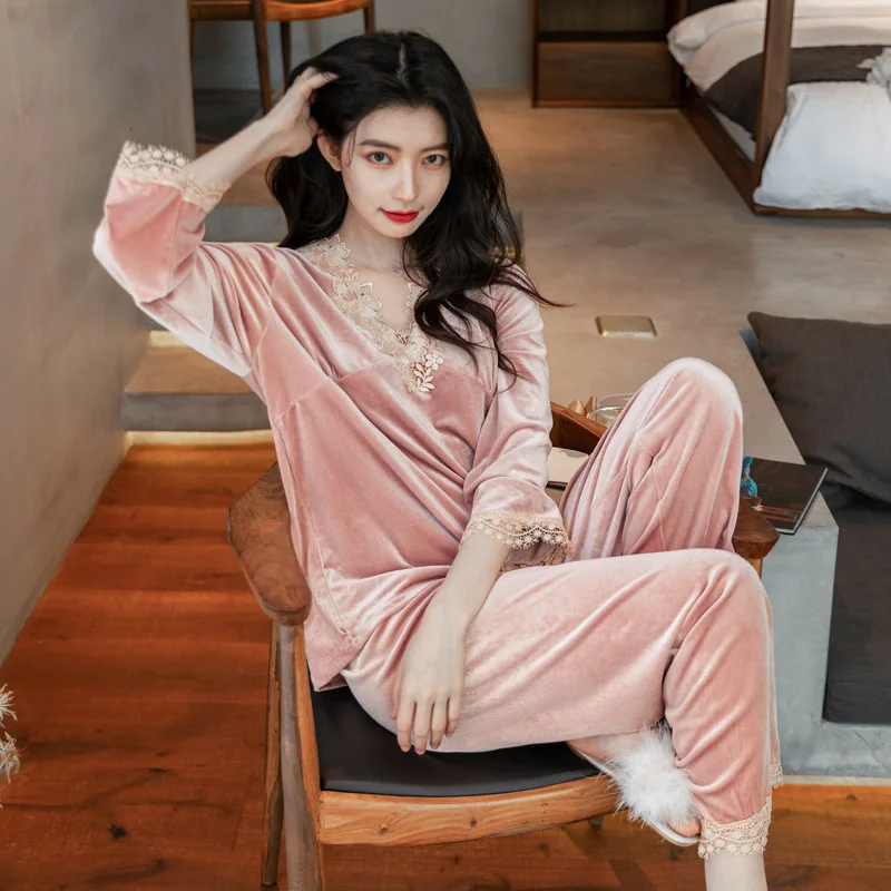 

Winter Warm Pajama Set for Women Long Sleeve Trousers Suits Lace Decor Loose Home Wear Pijama Mujer Invierno Women Pajamas