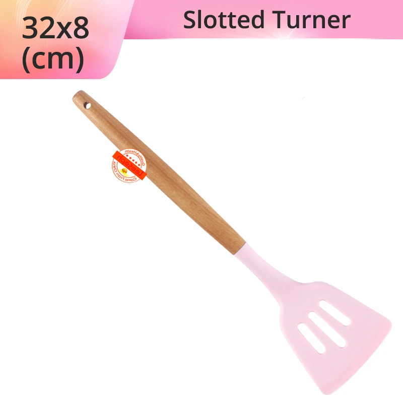 Pink Slotted Turner Силиконовая кухонная утварь-деревянные ручки, антипригарная не царапающаяся и термостойкая кухонная посуда кухонные инструменты - Цвет: Pink Slotted Turner