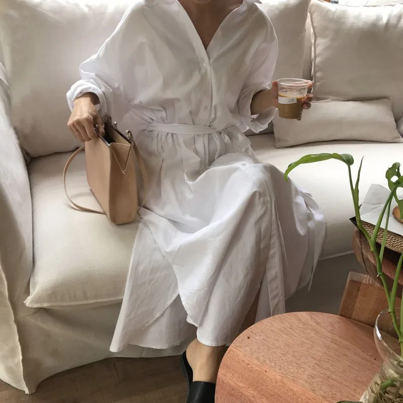 

2021Autumn Fashion Chic Vintage White Turn-down Collar Long Sleeve Shirt Dress Oversized Casual Single Breasted Woman Midi Dress