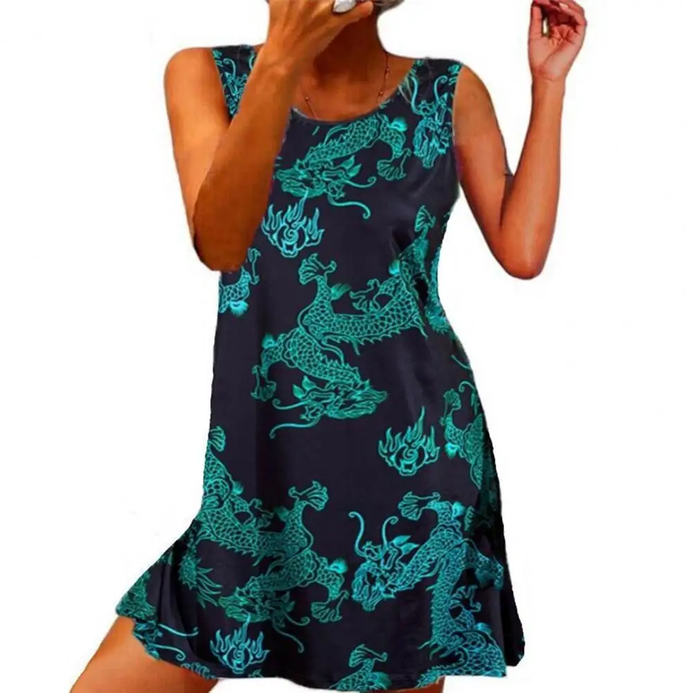 

Popular Summer Dress Skin-friendly Comfortable Dragon Print Loose Women Round Neck Sleeveless Dress Soft for Party Casual Fashio