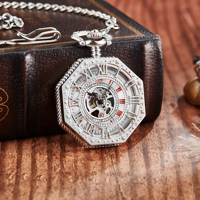 

Fashion Silver Hollow Roman Numeral Dial Mechanical Pocket Watch with FOB Chain Steampunk Classical Men's Gift 2021 New