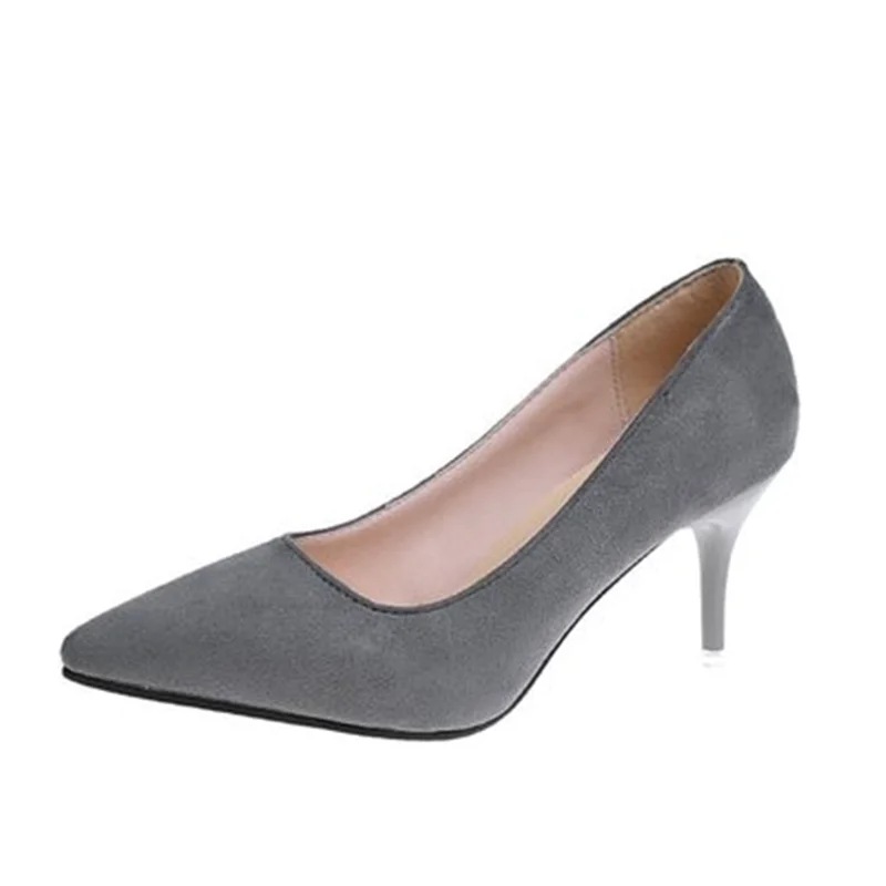 Женская обувь Zapatos Mujer Туфли на шпильке с острым носком из флока Цвет серый черный
