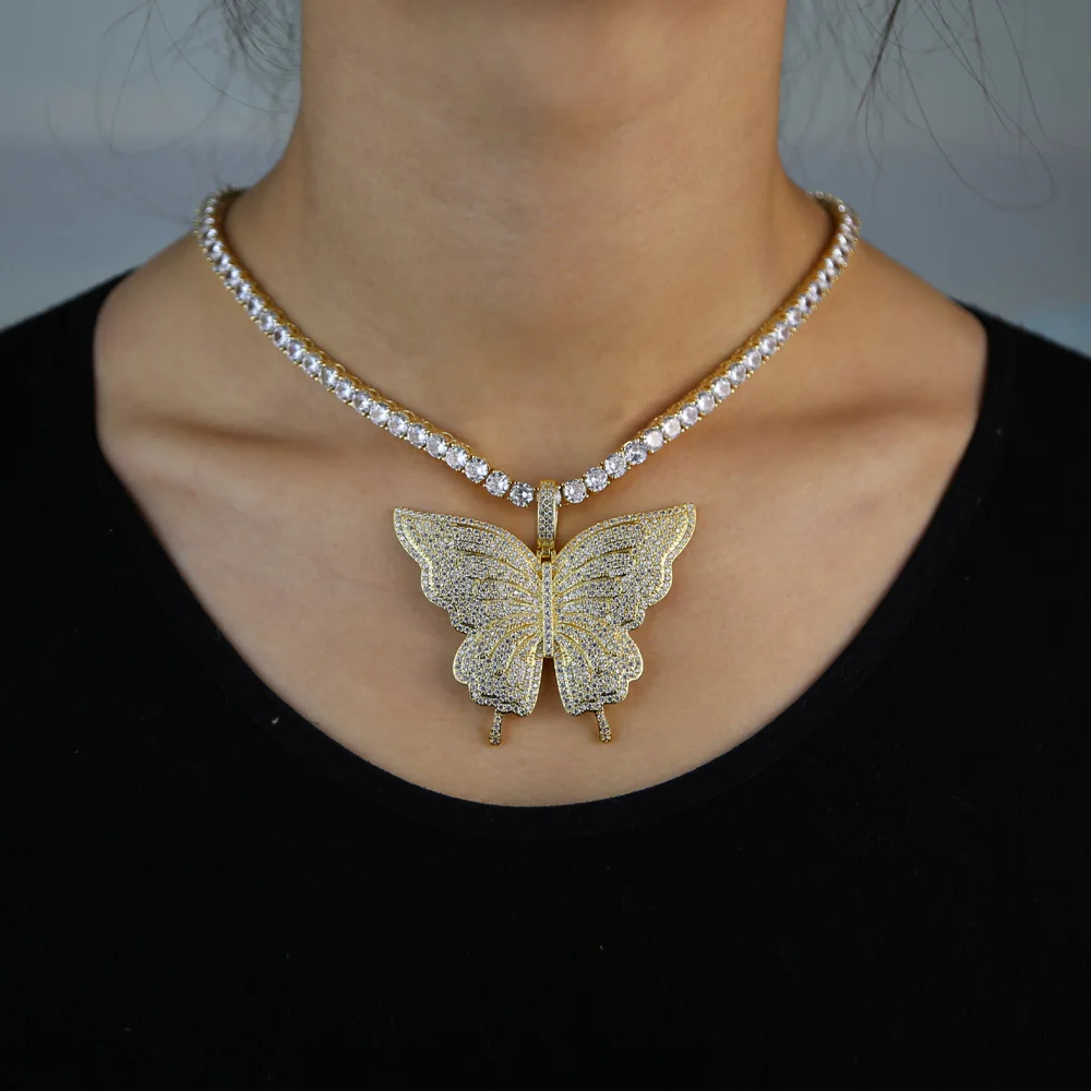 2024 микро паве CZ сверкающая большая бабочка кулон розовый золотой цвет хип-хоп 5А