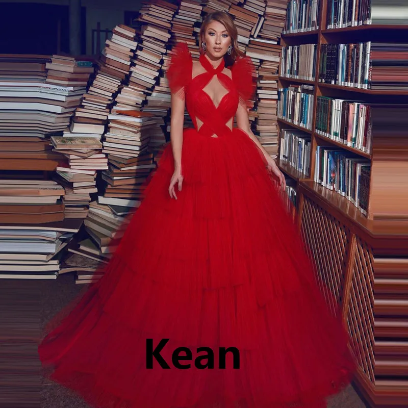 

Red Prom Dresses Tiered Cap Sleeve v-neck Special Occasion Party Dress Boho Prom Gown Evening Dress Robe De Soiree vestidos