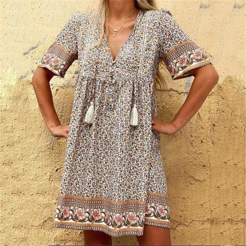 

Tassel short sleeve floral print mini dress summer v neck boho hippie loose swing beach chic dresses vestidos de mujer casual